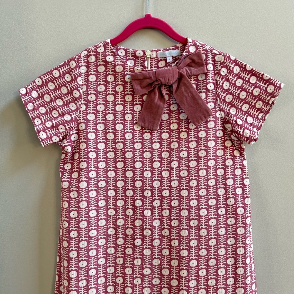 Elephantito Pink and White Short Sleeve Corduroy Floral Dress with Bow, Size 8 - Picture 2 of 7